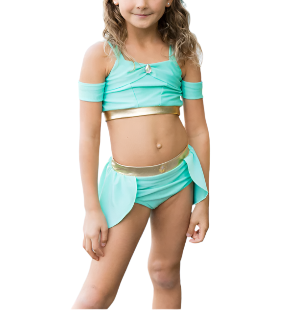 Watch your child's imagination take flight with our Jasmine-inspired two-piece bathing suit, crafted for endless adventures at the pool or beach! This enchanting swimsuit embodies the spirit of the fearless and free-spirited Princess Jasmine from Aladdin.