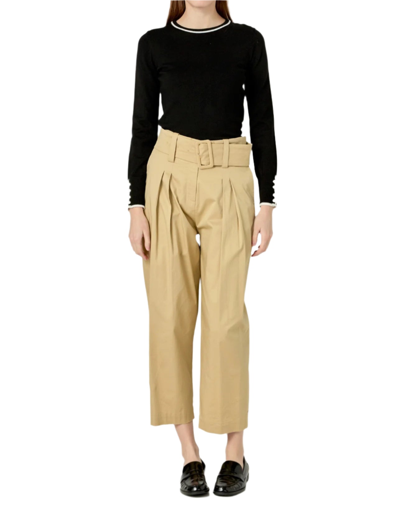 Step out in style with english factory's high-waisted belted wide-leg pants. Perfect for any occasion these pants feature a hook and eye closure for extra convenience. With a high waist and wide legs you will be sure to look chic stylish and comfortable all at once. Add some effortless sophistication to your outfit with these timeless trousers is perfect for everyday wear or special events.