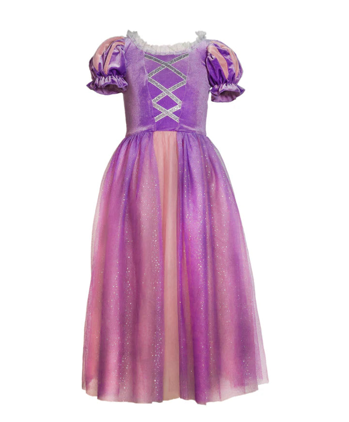 Your princess will be ready to let down her hair in this iconic Rapunzel-inspired purple dress. This dress is perfect for anyone who wants to take on any challenge, face their fears, and dare to dream. A truly stunning dress for your own little ray of sunshine!

The short- bodice is made from a super soft and stretchy velvet material in a lovely lavender tone, adorned with decorative lacing in the center front that ends with a cute little bow. The puffed bi-color sleeves are designed with paned detailing, r