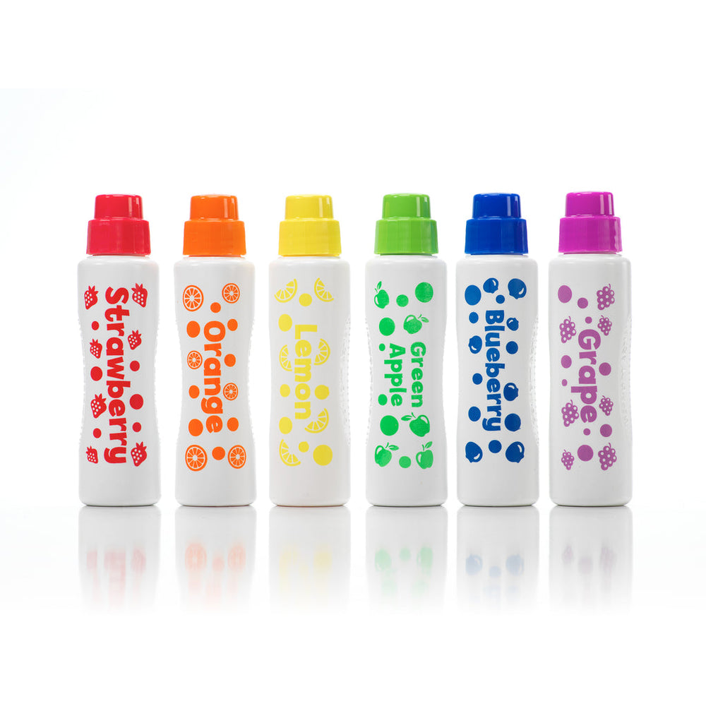 Set of six colorful dot marker bottles on a white background