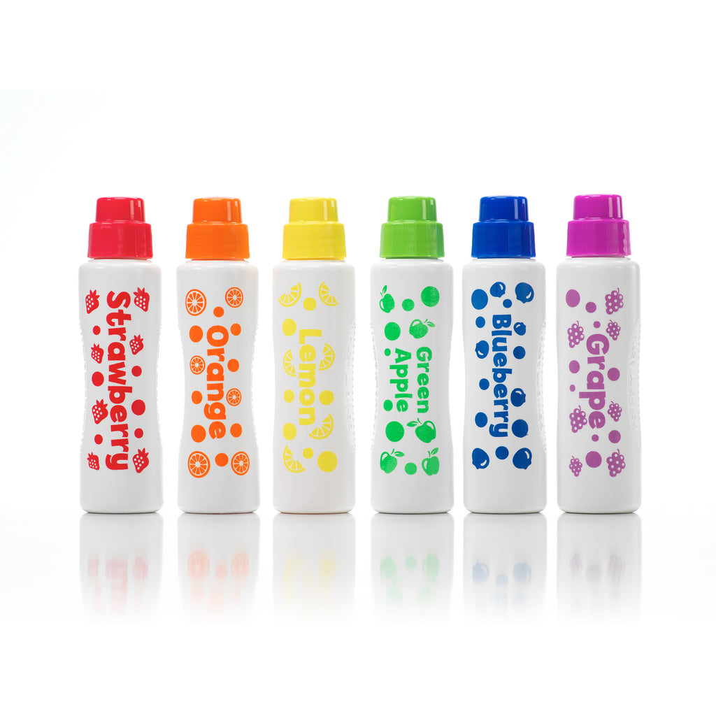 Set of six colorful dot marker bottles on a white background