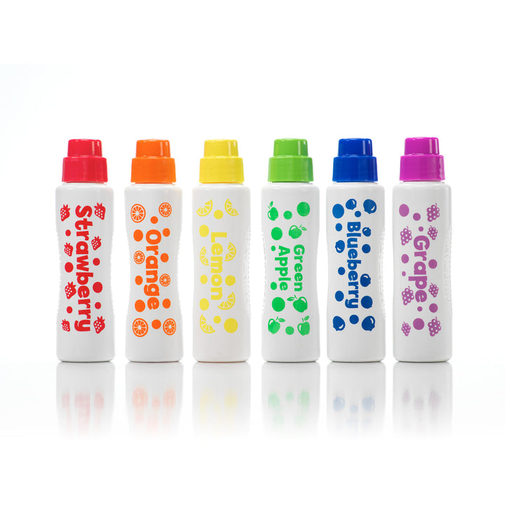 Set of six colorful dot marker bottles on a white background