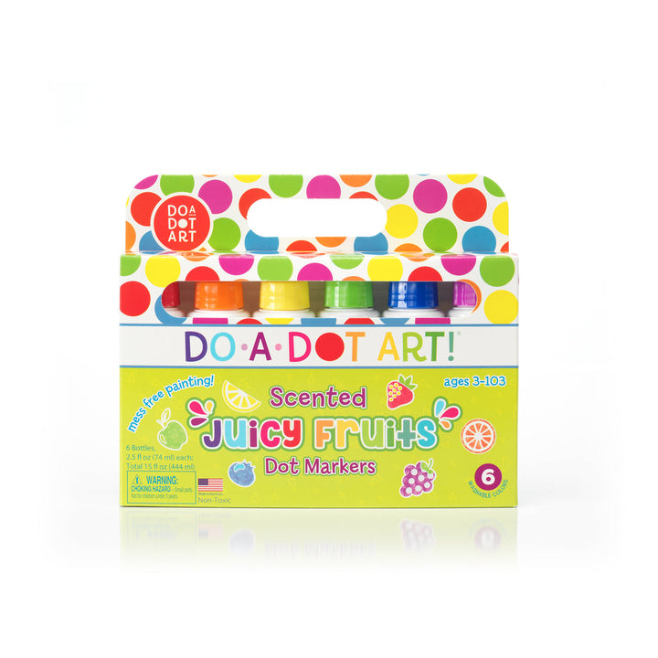Pack of Do-A-Dot Art Juicy Fruits scented dot markers on a white background