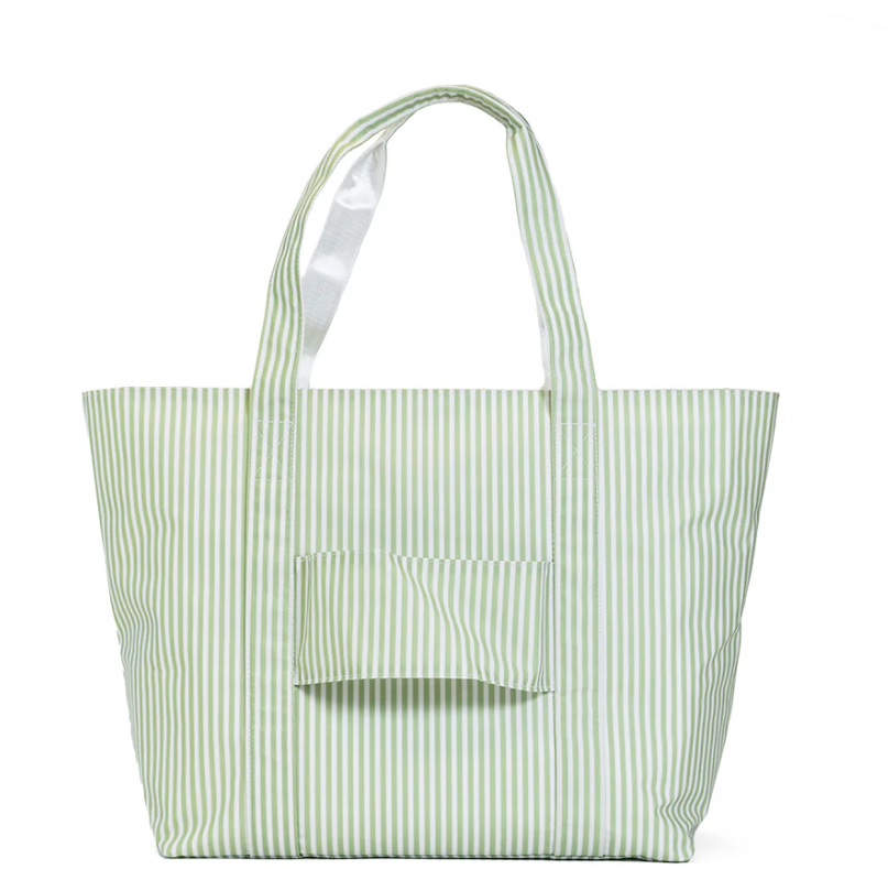 Green and white striped tote bag with a pocket on a white background