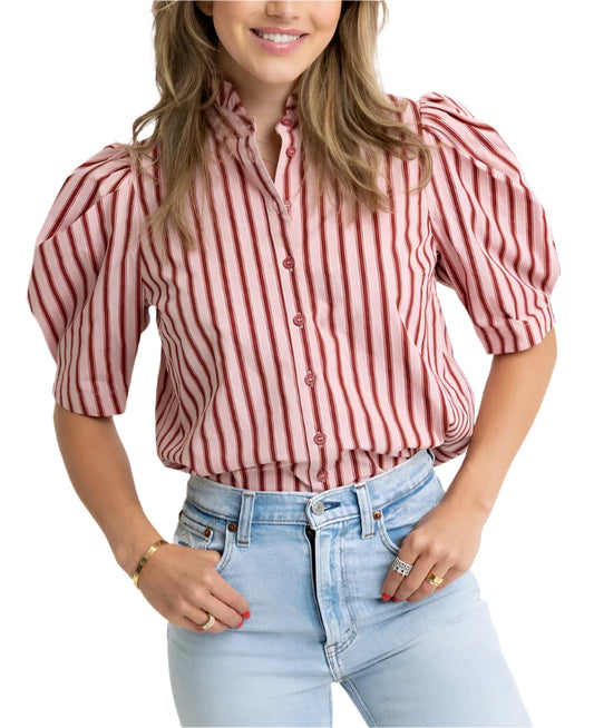 Stripe Puff Sleeve Ruffle Neck Top by Karlie