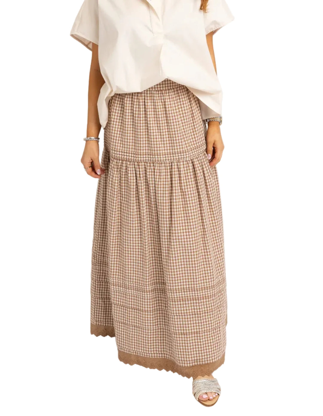 tan gingham print midi skirt