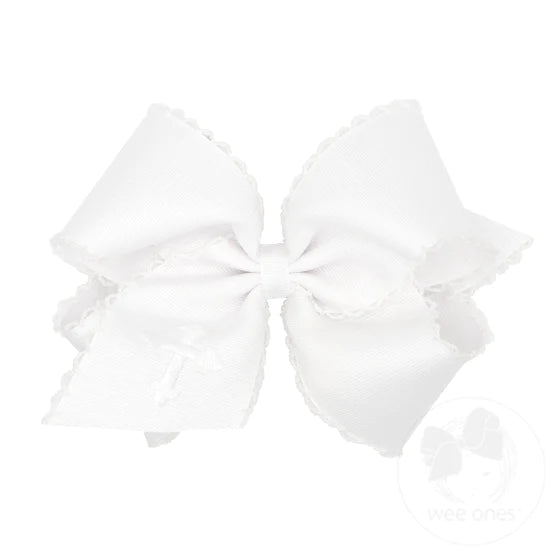 King White Grosgrain Hair Bow with Moonstitch Edge and Cross Embroidery on Tail by Wee Ones