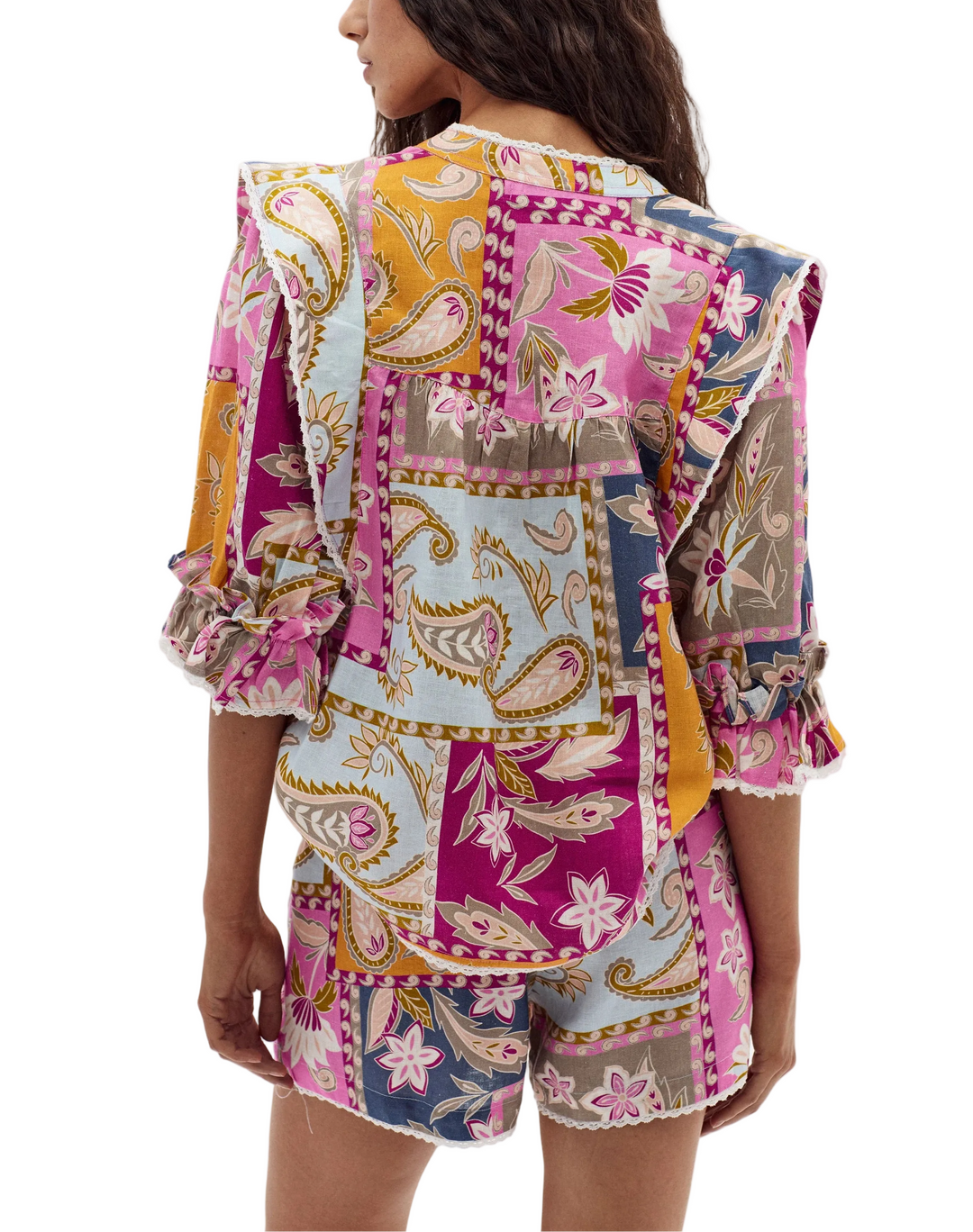 Folk Linen Shirt in Calypso Print - Pickering Boxwood