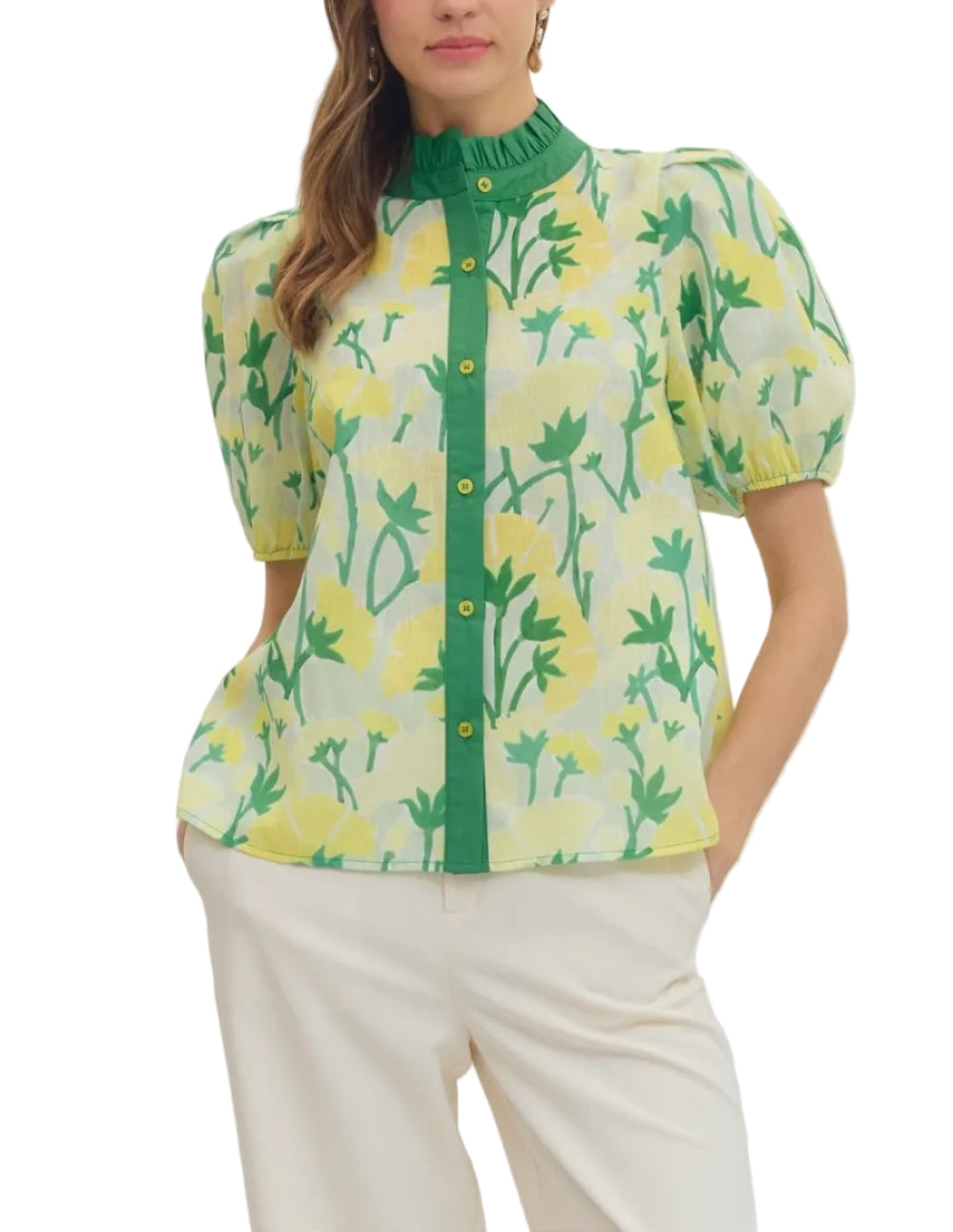 Botanical print short puff sleeve top featuring ruffled band collar detail. Button closure at front. Elasticated sleeve cuffs. Unlined. Woven. Non-sheer. Lightweight.