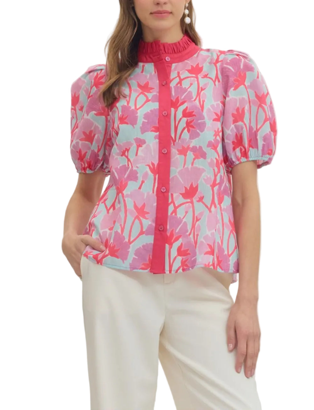 Botanical print short puff sleeve top featuring ruffled band collar detail. Button closure at front. Elasticated sleeve cuffs. Unlined. Woven. Non-sheer. Lightweight.