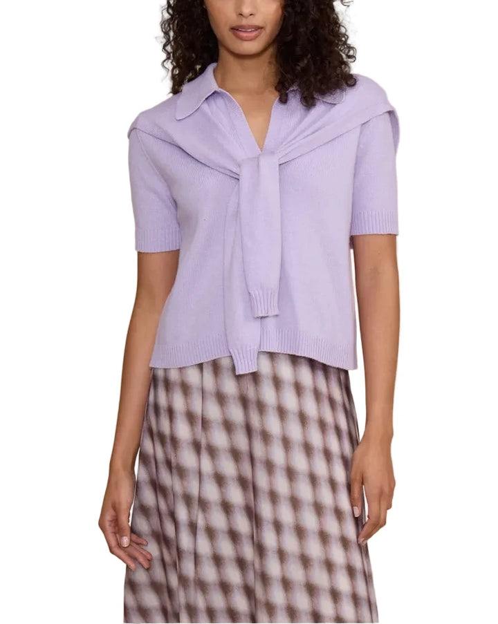 A coordinating knit tie detail drapes over the shoulders and knots at the front for a chic, layered effect
Finished with ribbed trims, this versatile knit brings a polished, feminine touch to everyday dressing