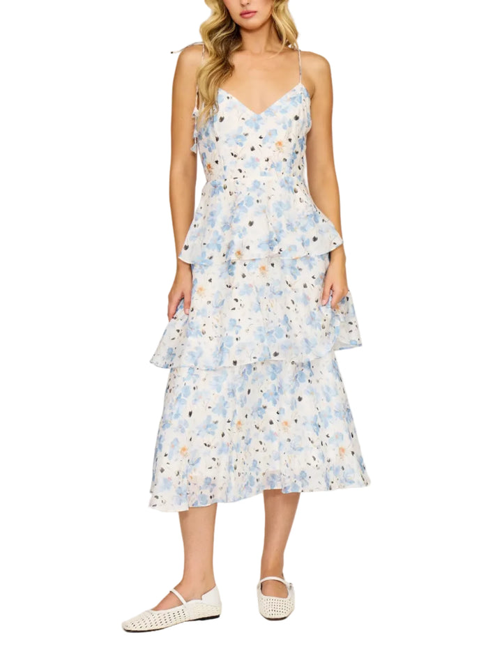Maizie Midi Dress in White/Blue - Pickering Boxwood