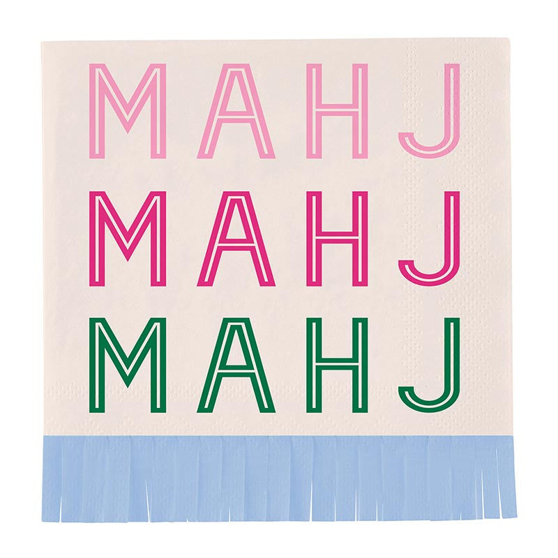 Text 'MAHJ' in pink and green on a beige background with a blue fringe at the bottom.