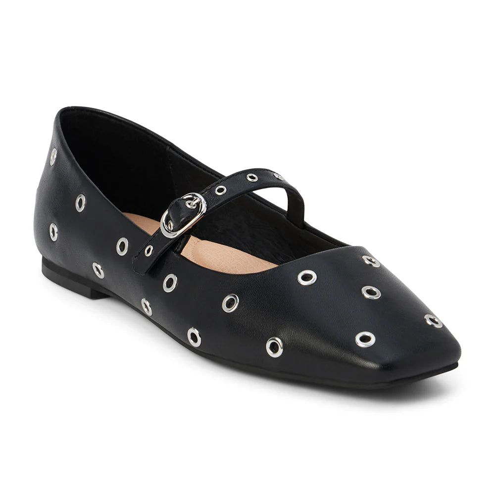 Square toe Mary-Jane ballet flat with gromet detailing.  Details:  Leather upper Manmade outsole Leather lining Padded insole Buckle closure Imported