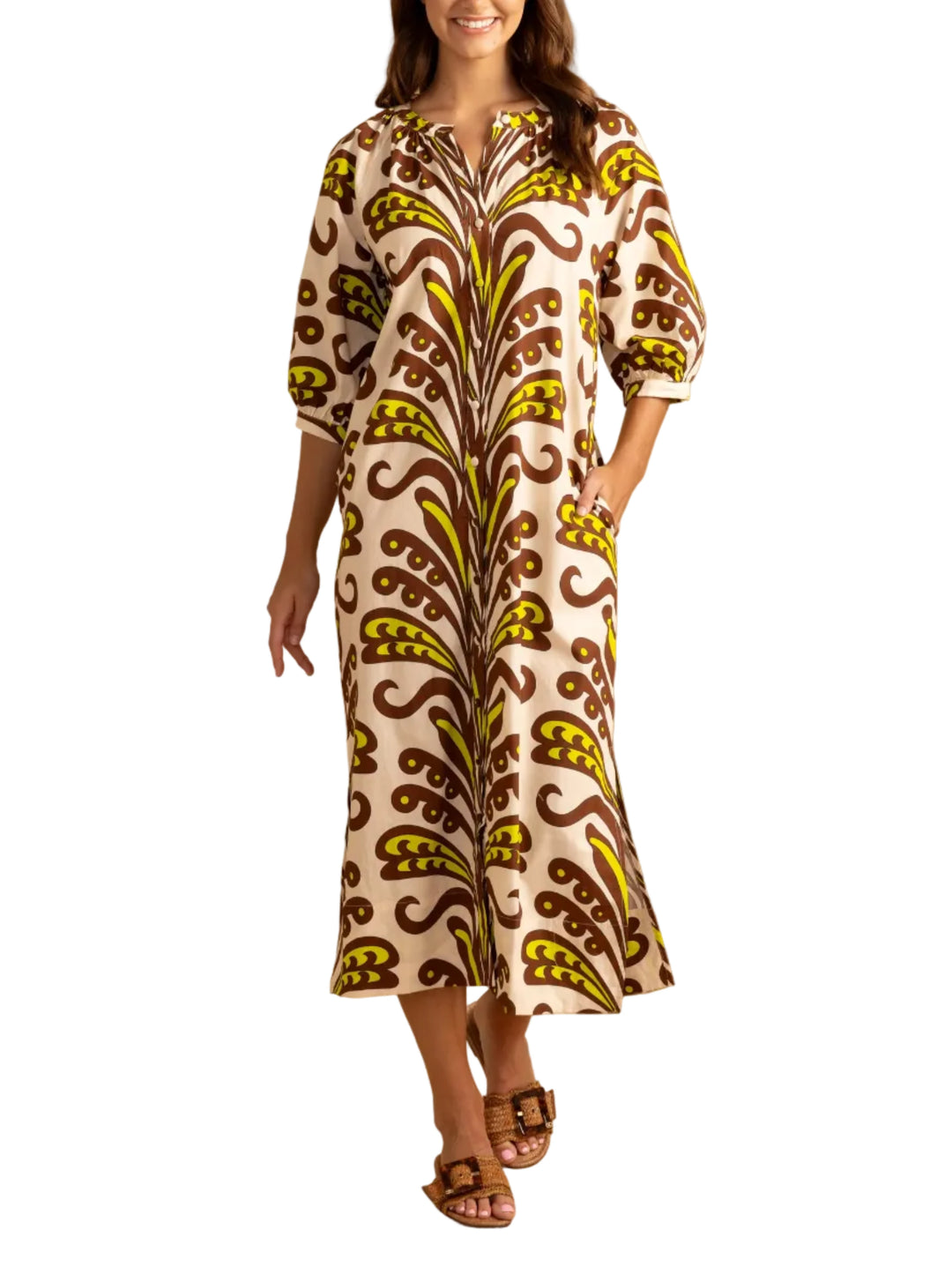 The Madeleine Dress by Double A is the timeless and effortlessly chic maxi dress of your dreams! Featuring mid-length sleeves, button-front detailing and functional pockets. Whether dressed up for a special occasion or styled casually for everyday wear, the Madeleine Dress is a versatile and sophisticated addition to any wardrobe.