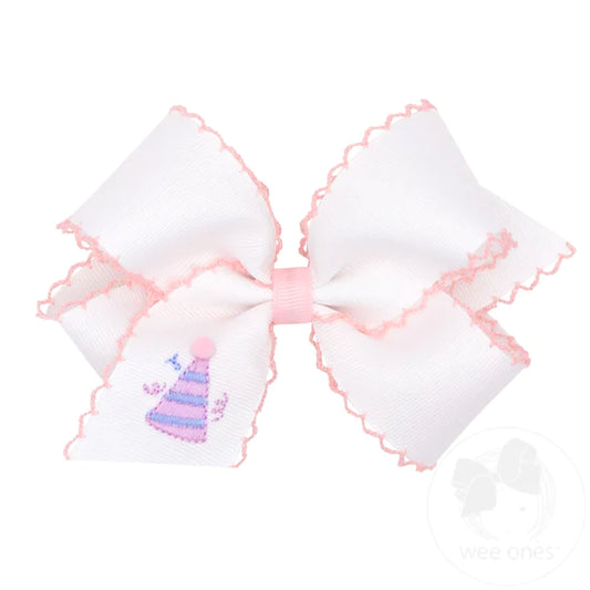 Party Hat Medium Grosgrain Hair Bow with Moonstitch Edge and Embroidery