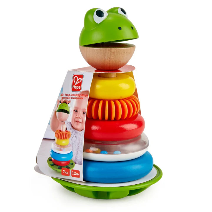 Colorful stacking toy with a frog design on top, featuring Hape branding.