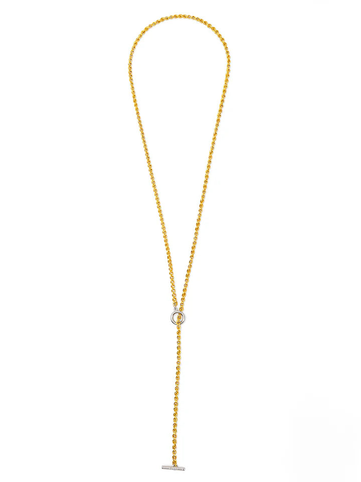 Two-Tone chain lariat long necklace that can be worn as a layered short necklace and a long lariat necklace.