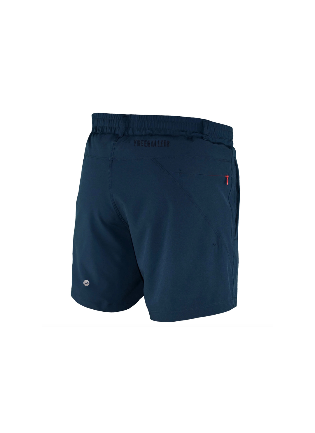 A pair of navy blue athletic shorts with an elastic waistband, featuring a small red logo on the left hip and a small circular emblem on the left leg, shown against a plain white background.