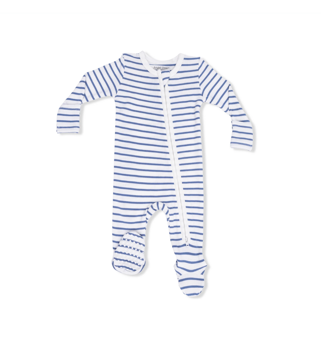 Blue and white striped baby onesie with a zipper on a white background