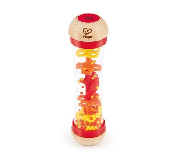 Wooden toy with red and yellow elements on a white background