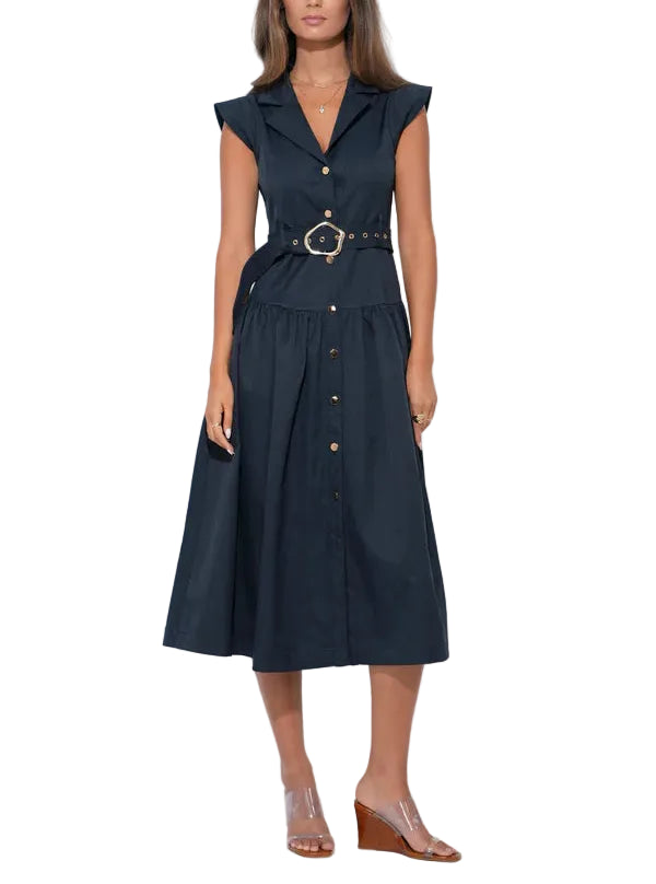 The midi-length dress provides a modest yet stylish sweep, while the matching belt allows you to cinch the waist to your preference, creating a customized hourglass shape. Crafted from a high-quality fabric that holds its press while offering a comfortable drape, this dress is the epitome of "utility meets luxury."
