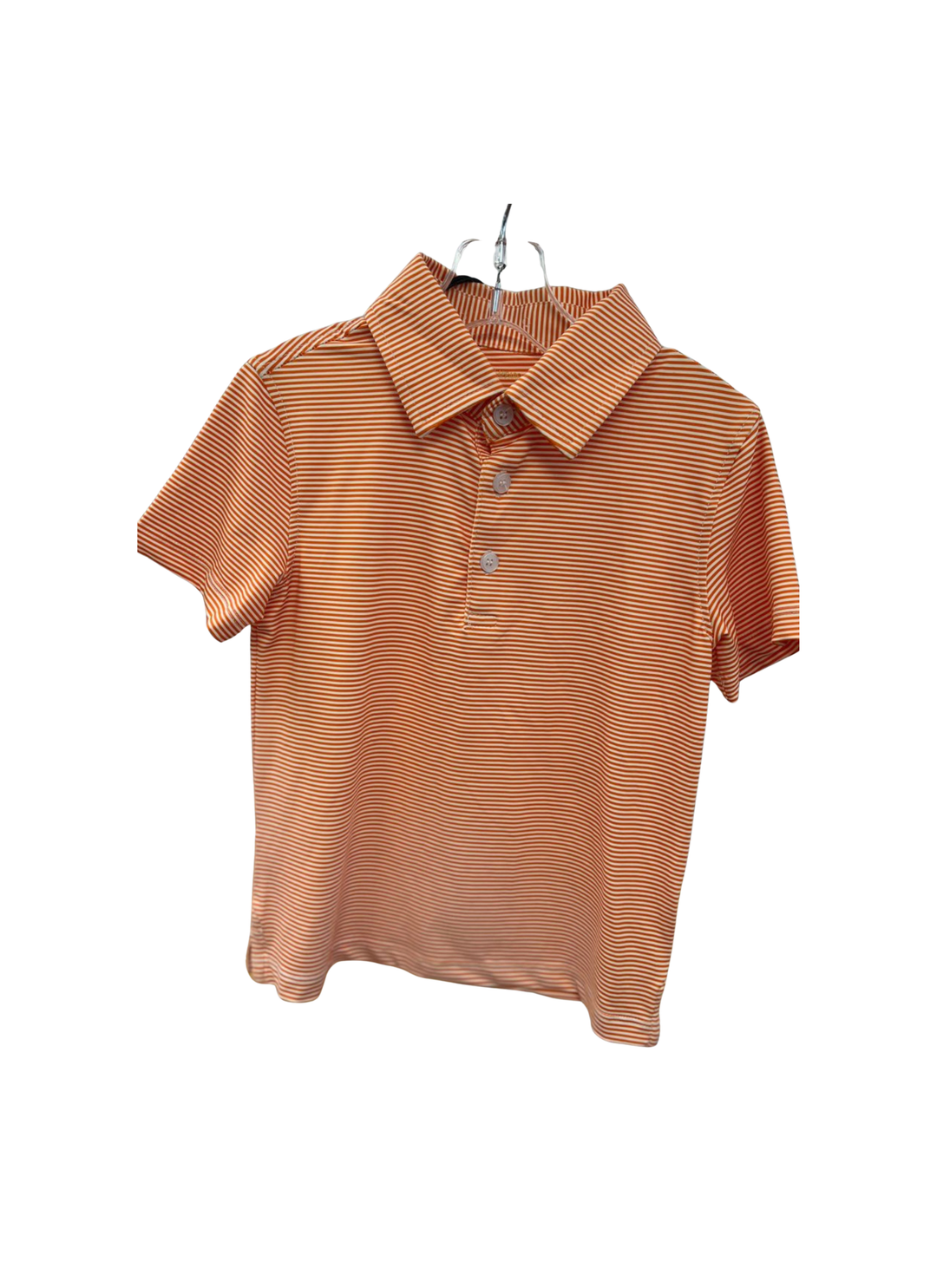 A short-sleeve polo shirt with fine horizontal stripes in orange and white, hanging on a metal hanger against a plain white background.