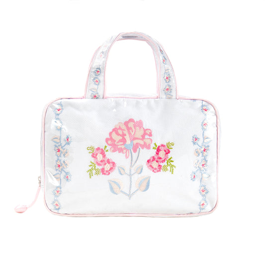  The Lenora Double Handle Cosmetic Bag is the ultimate solution for organizing your beauty essentials. This bag is embroidered on treated pique fabric and covered with a clear plastic exterior, ensuring durability for years to come. Inside, you’ll find a practical layout with plastic lining and pockets on both sides, offering ample space for all your cosmetics. Featuring spacious elastic pouches and a secure zipper enclosure, this bag keeps your items neatly organized and easily accessible. Its easy-to-clea