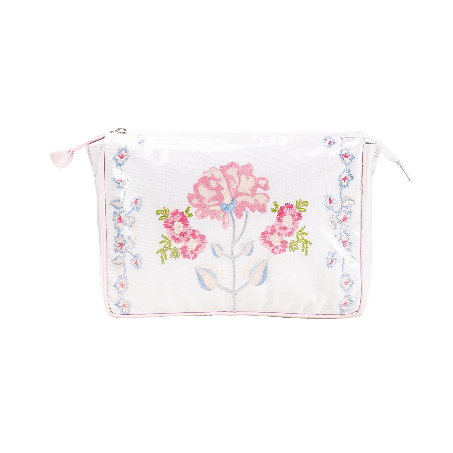 Our Embroidered Make Up Bag bridges the gap between our Train Case and Small Cosmetic Bag. This bag provides enough room to stow away all your beauty essentials, meaning you don't have to skip or modify a single step in our regular routine. It's also wrapped and lined in a clear, water resistant material that makes for easy cleanup while protecting against smudges and stains. 
Features:
Zipper
Lined 
Measures: 12" x 8.5" x 3"