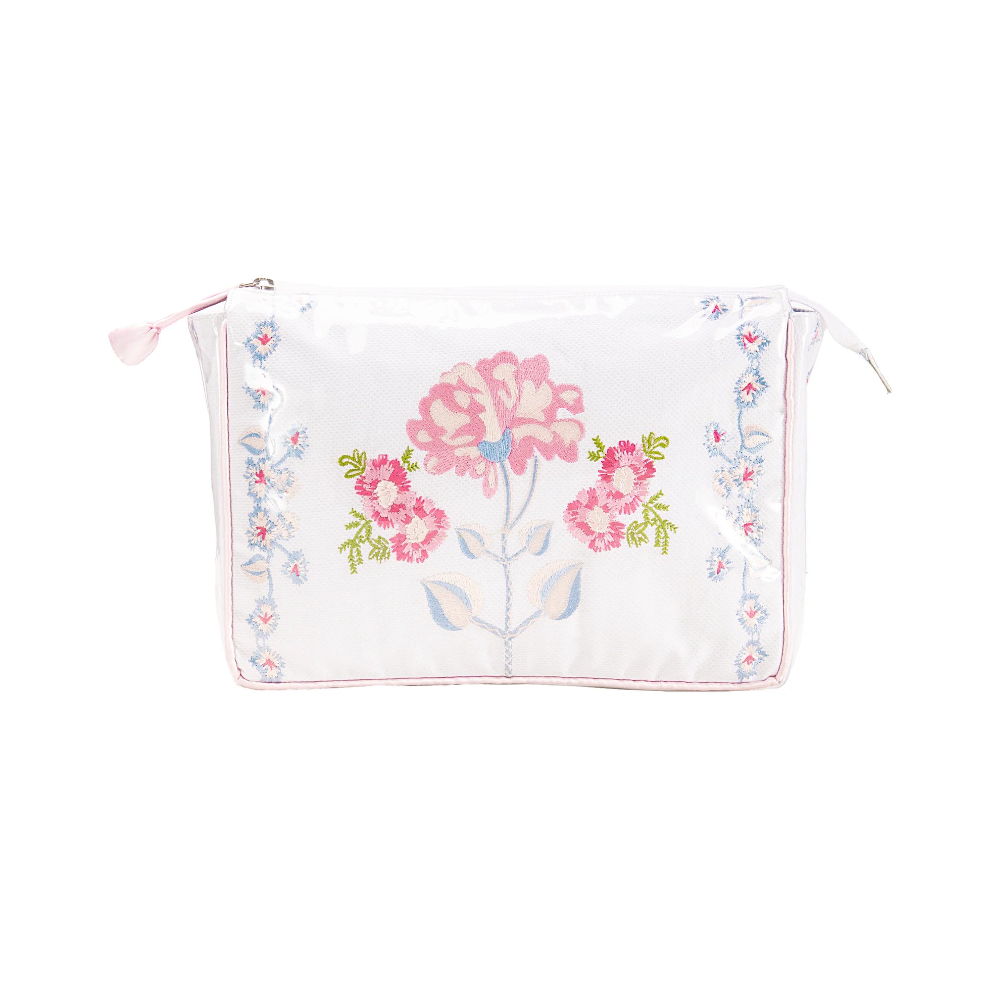 Our Embroidered Make Up Bag bridges the gap between our Train Case and Small Cosmetic Bag. This bag provides enough room to stow away all your beauty essentials, meaning you don't have to skip or modify a single step in our regular routine. It's also wrapped and lined in a clear, water resistant material that makes for easy cleanup while protecting against smudges and stains. 
Features:
Zipper
Lined 
Measures: 12" x 8.5" x 3"