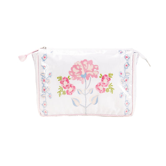 Our Embroidered Make Up Bag bridges the gap between our Train Case and Small Cosmetic Bag. This bag provides enough room to stow away all your beauty essentials, meaning you don't have to skip or modify a single step in our regular routine. It's also wrapped and lined in a clear, water resistant material that makes for easy cleanup while protecting against smudges and stains. 
Features:
Zipper
Lined 
Measures: 12" x 8.5" x 3"