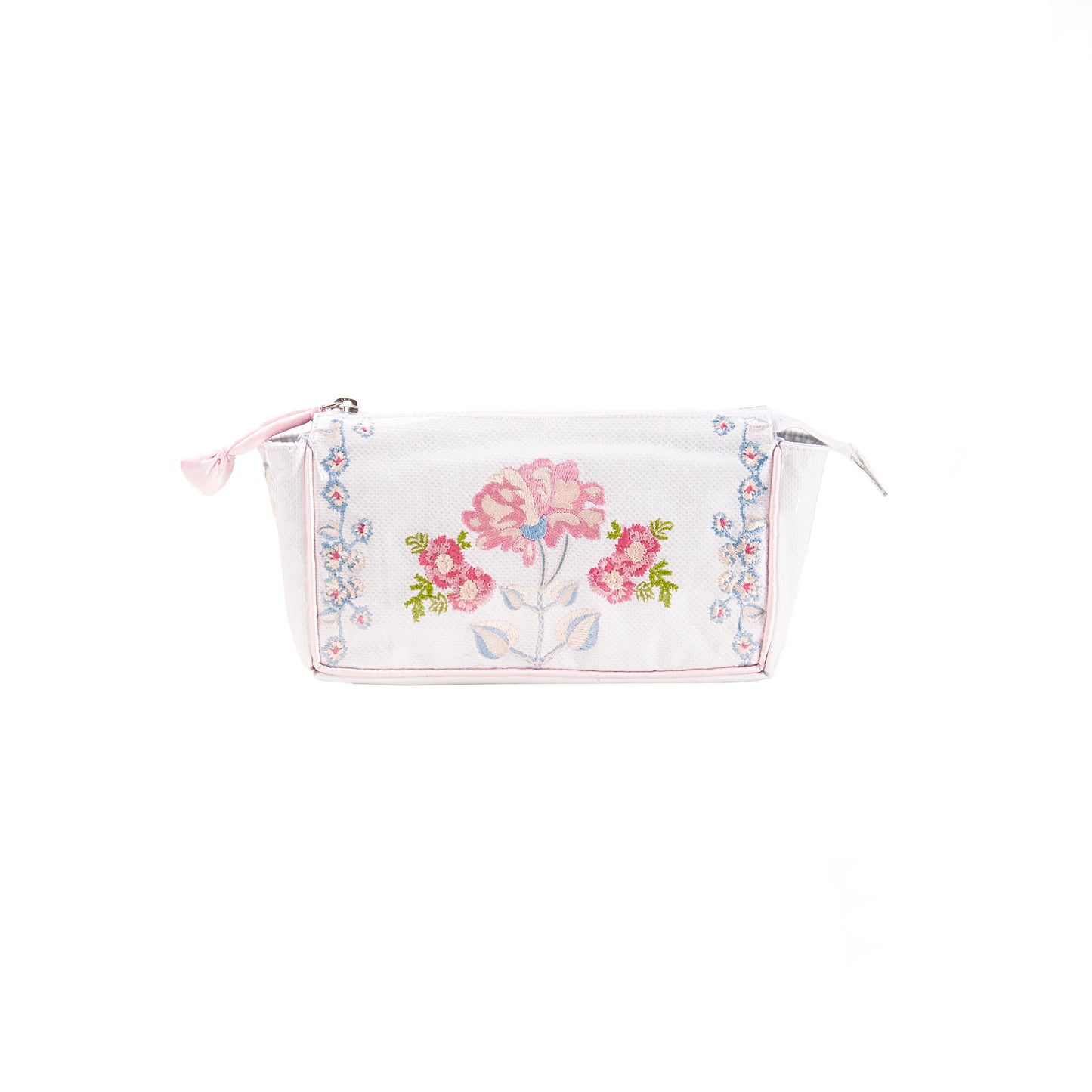 Our Embroidered Small Make-Up Bag is designed for short weekends away or a quick overnighter with just the right amount of space for your makeup and beauty must-haves. The embroidered, envelope style case is wrapped and lined in a clear easy-to- clean surface that protects the beautiful floral design. 
Features: 
Zipper
Lined 
Coated in Plastic for Stain Resistance
Measures 8.5" x 5" x 3"