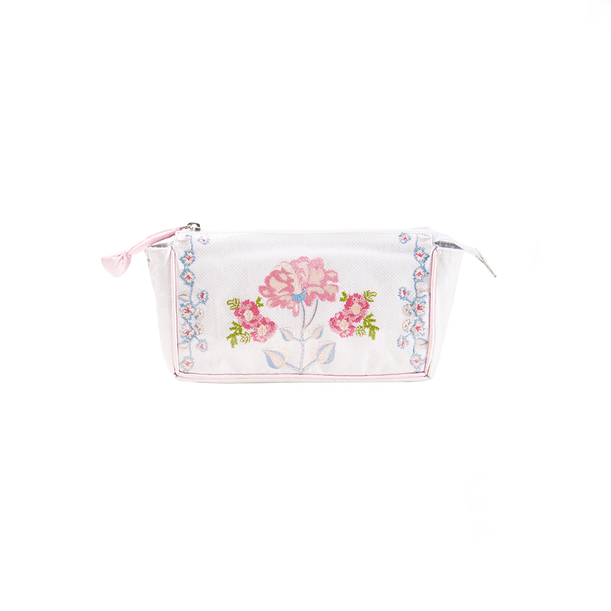 Our Embroidered Small Make-Up Bag is designed for short weekends away or a quick overnighter with just the right amount of space for your makeup and beauty must-haves. The embroidered, envelope style case is wrapped and lined in a clear easy-to- clean surface that protects the beautiful floral design. 
Features: 
Zipper
Lined 
Coated in Plastic for Stain Resistance
Measures 8.5" x 5" x 3"