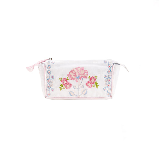 Our Embroidered Small Make-Up Bag is designed for short weekends away or a quick overnighter with just the right amount of space for your makeup and beauty must-haves. The embroidered, envelope style case is wrapped and lined in a clear easy-to- clean surface that protects the beautiful floral design. 
Features: 
Zipper
Lined 
Coated in Plastic for Stain Resistance
Measures 8.5" x 5" x 3"