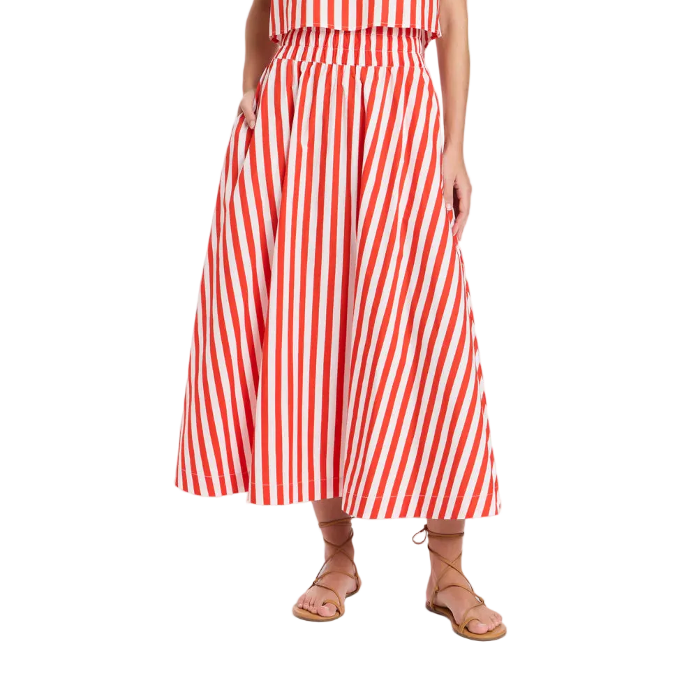 Midi length
Smocked, elastic waistband
A-line skirt
Pull-on
Pockets - of course!
100% cotton poplin