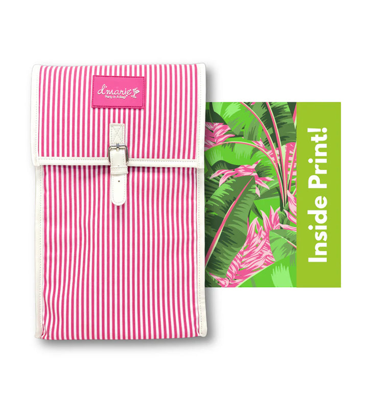 Pink striped insulated cooler pouch with a white buckle and a tropical leaf design on a green background on the inside.