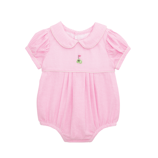 Pink checkered baby romper with a small design on a white background