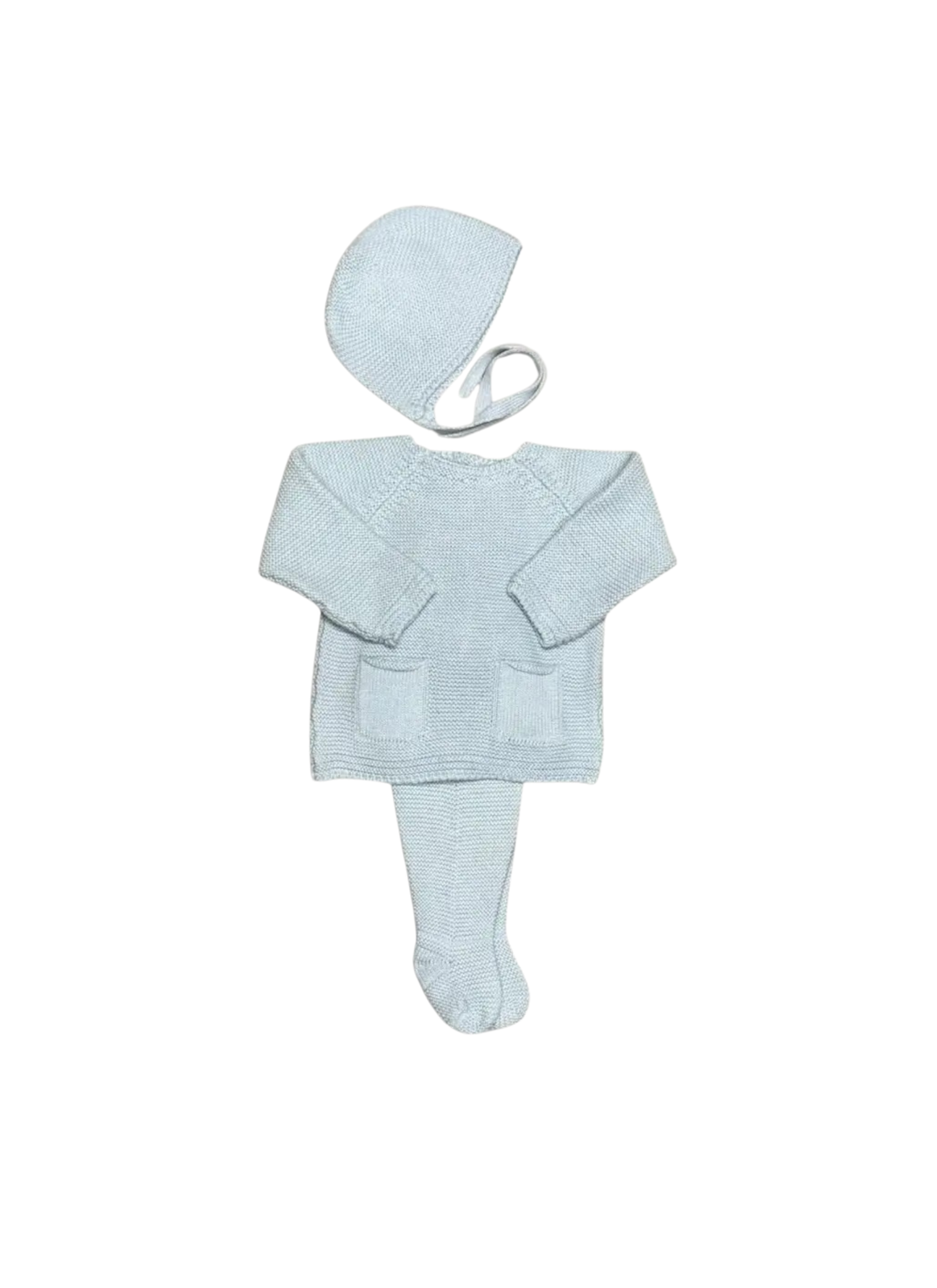 A light blue knit baby outfit set featuring a long-sleeve top with front pockets, matching footed tights, and a bonnet with a tie, displayed on a solid white background.