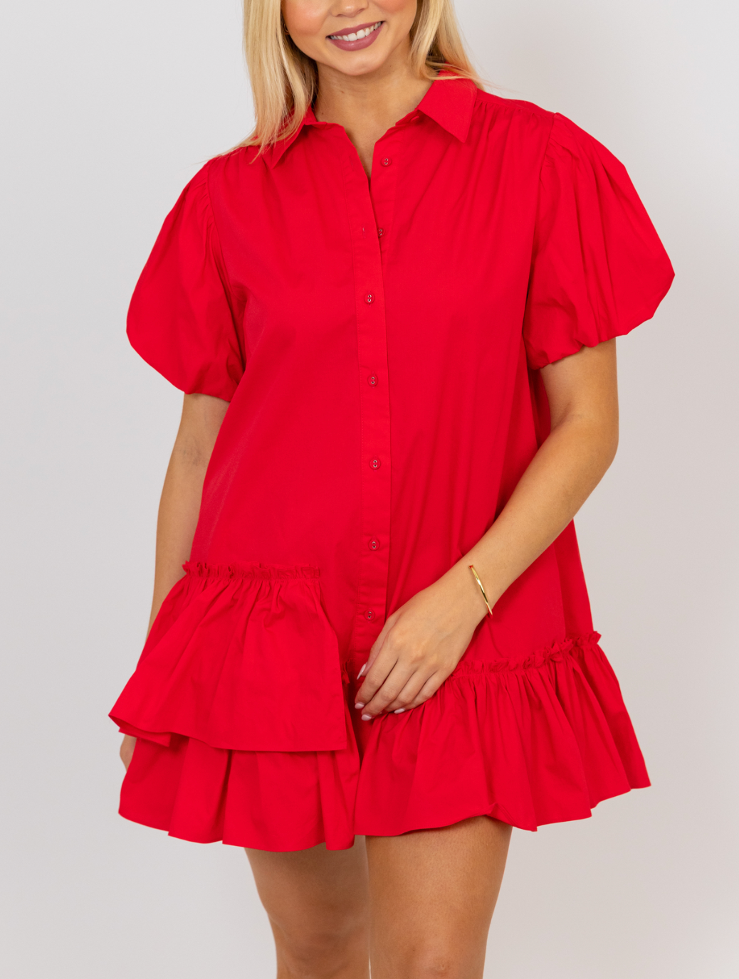 Poplin Ruffle Bottom Shirt Dress in Red by Karlie