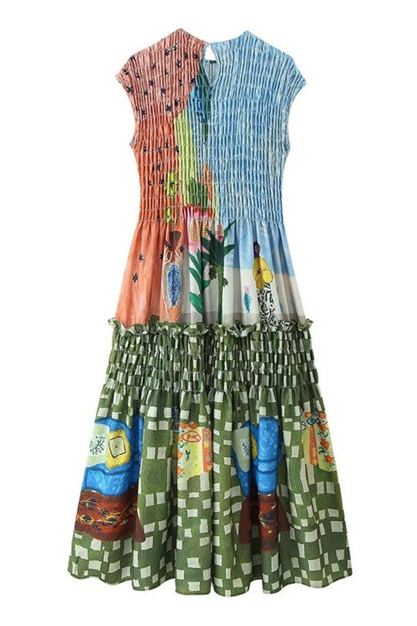 Colorful dress with various patterns on a white background