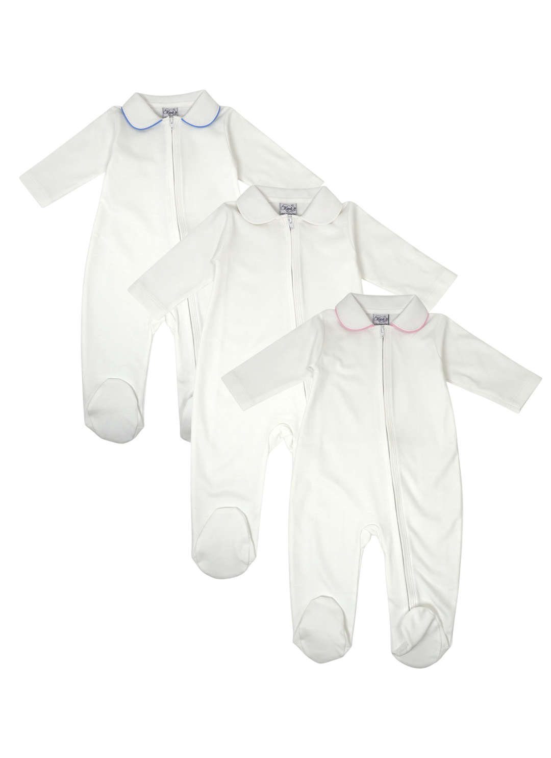White Pima Zipper Footie with Piped Collar