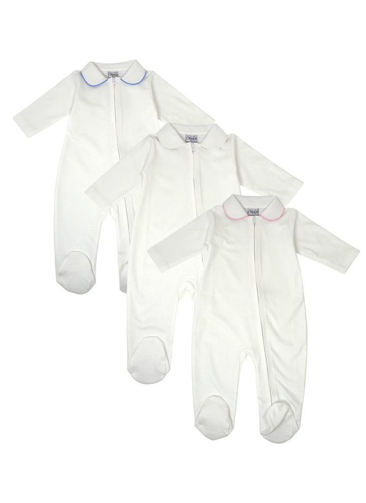 White Pima Zipper Footie with Piped Collar