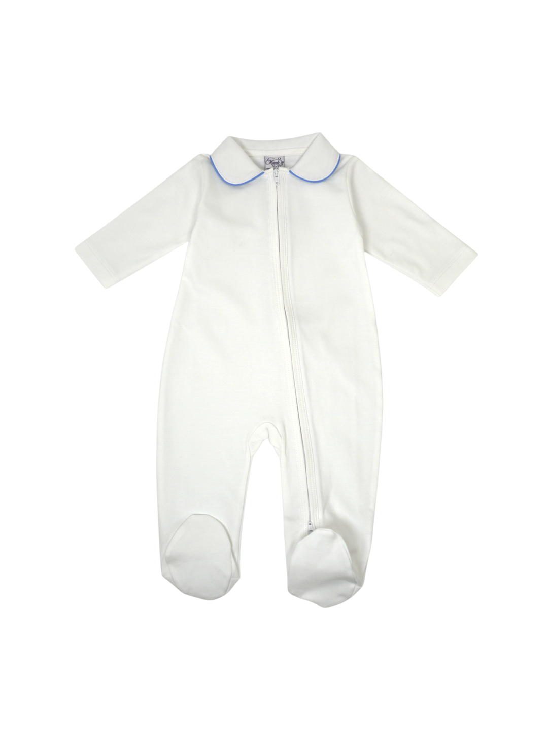 White Pima Zipper Footie with Piped Collar
