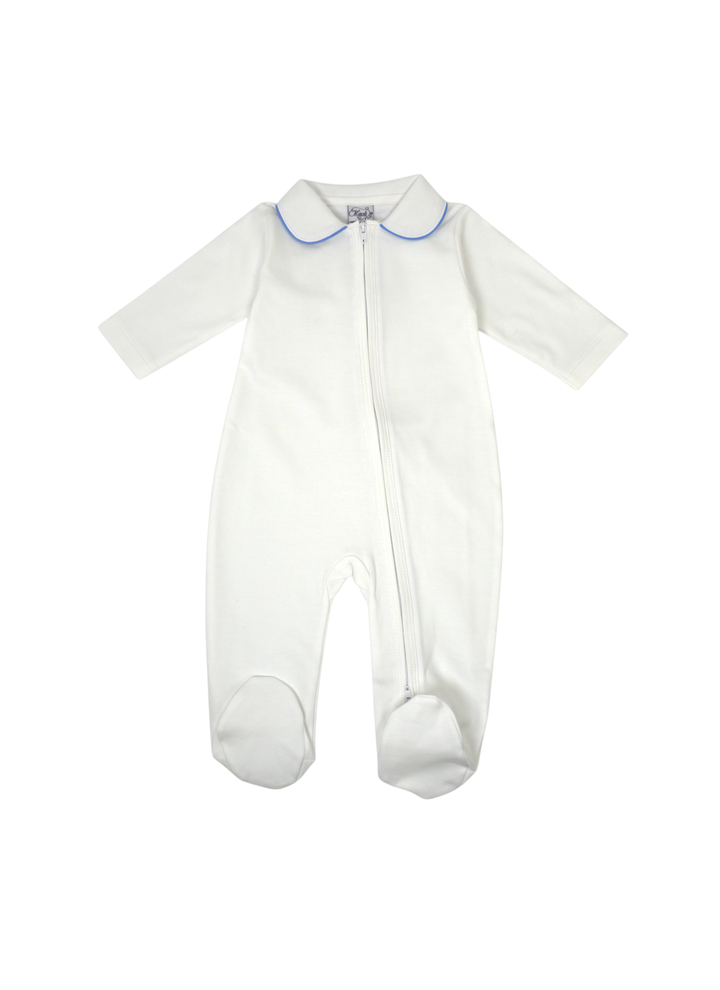 White Pima Zipper Footie with Piped Collar