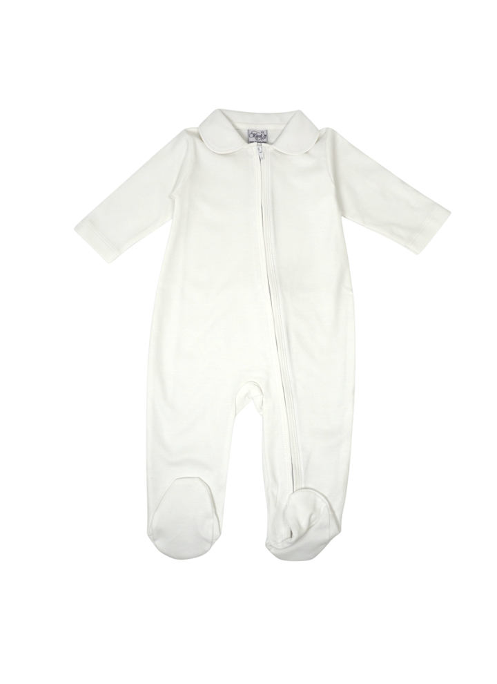 White Pima Zipper Footie with Piped Collar
