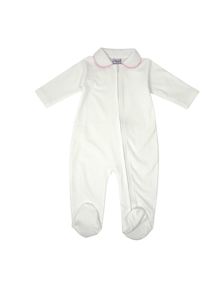 White Pima Zipper Footie with Piped Collar