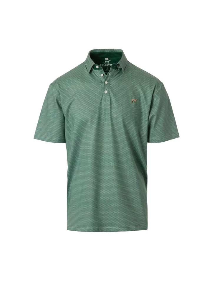 A green short-sleeve polo shirt with a subtle micro-pattern, featuring a small embroidered horse logo on the left chest, displayed on a clean white background.