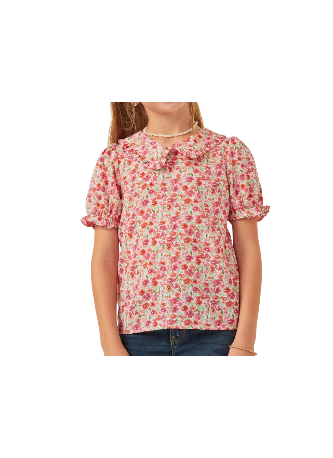 Girls Floral Ruffle Collar Top