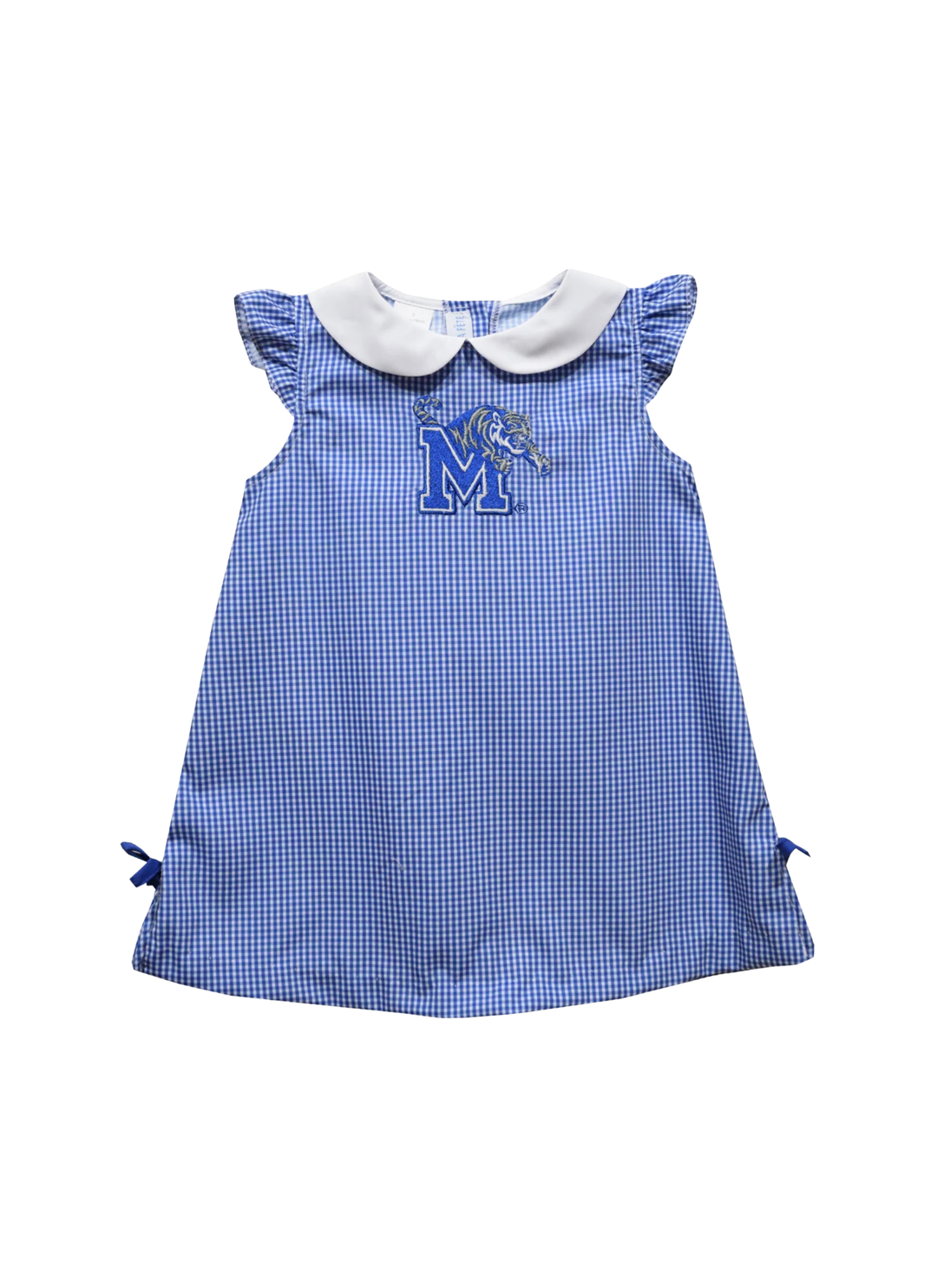A blue and white gingham baby dress with a white Peter Pan collar, ruffled cap sleeves, side ties, and a blue embroidered letter 'M' with a bird on the chest.