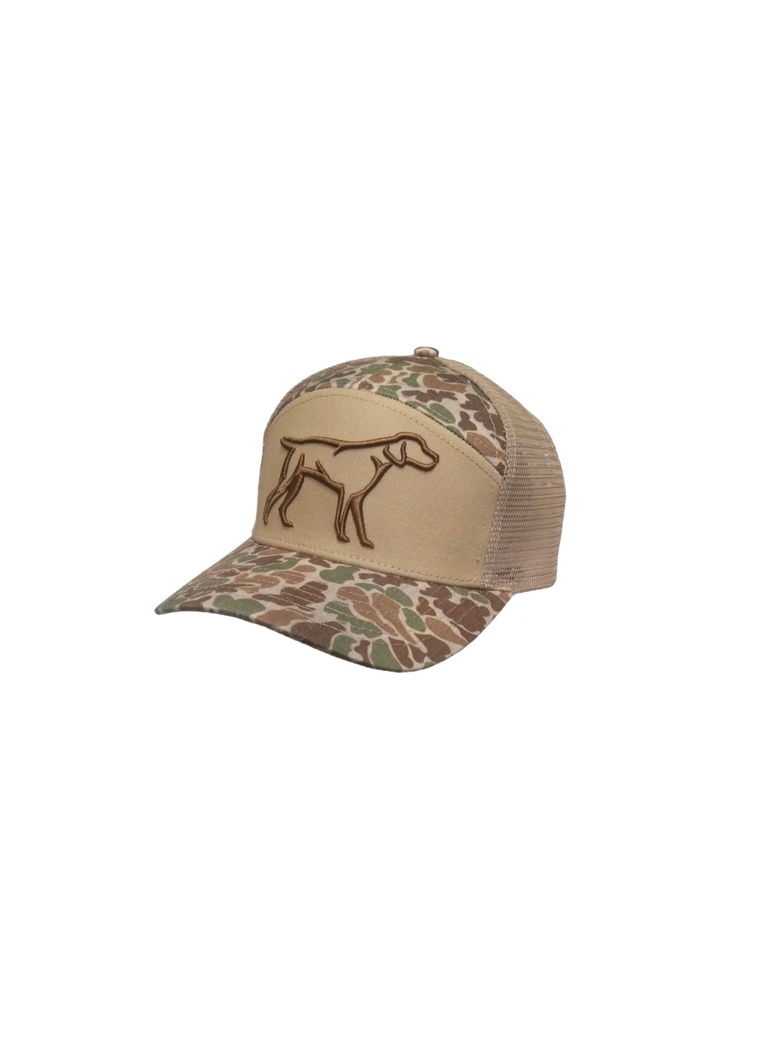 A camouflage trucker cap with a tan front panel and a brown dog silhouette logo embroidered on the front, shown against a plain white background.